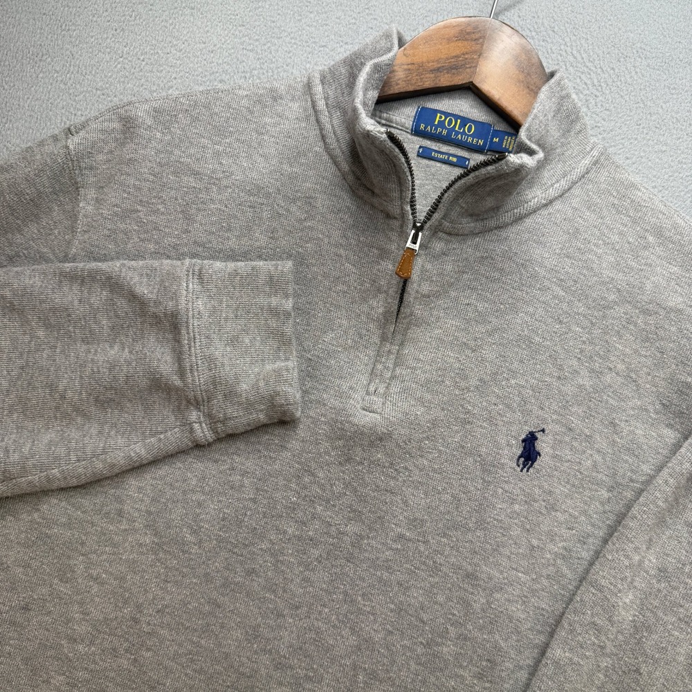Polo Ralph Lauren Estate Rib Quarter Zip Pullover Men M Gray Cotton Sweater Prep
